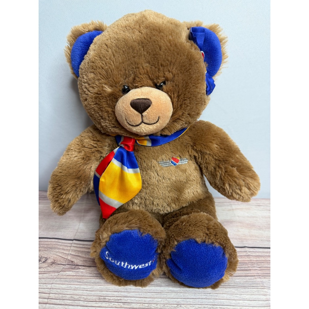 Build-A-Bear Southwest Airlines Brown Plush Teddy Bear Scarf Bow Collectible 16"